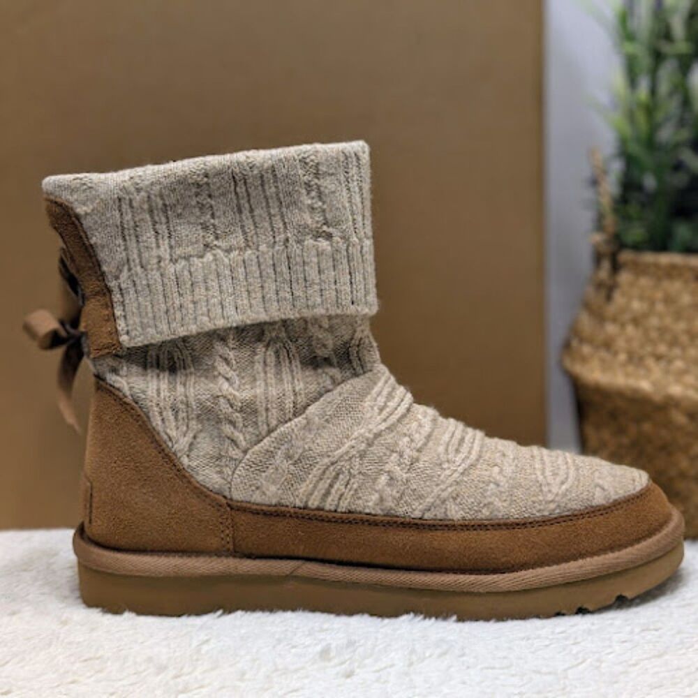 UGG Natural Chestnut Classic Mini Cabelle Knit Suede Leather Boots Women's 8 NIB - Picture 9 of 14